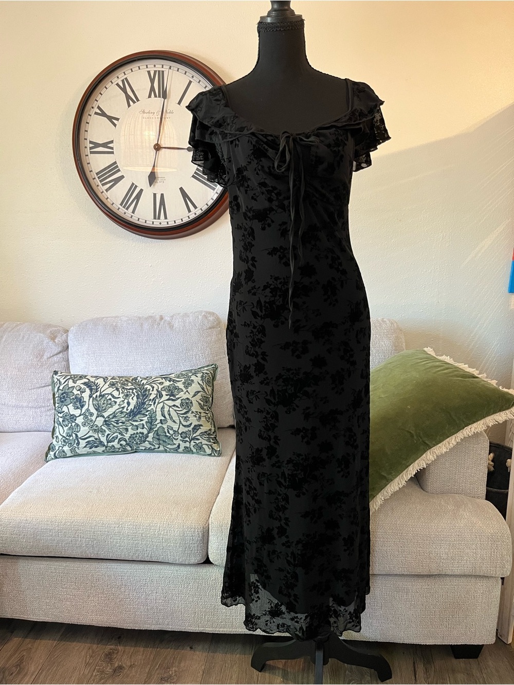 Cider Black Floral Burnout Velvet Maxi Dress with Ruffle Tie Neck